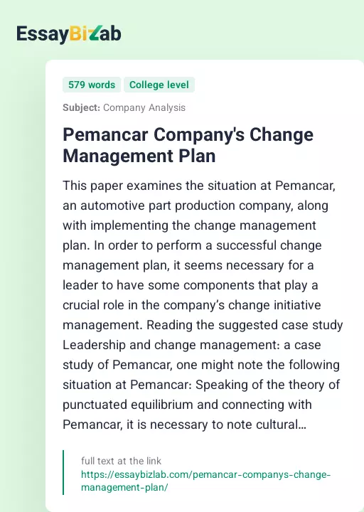 Pemancar Company's Change Management Plan - Essay Preview