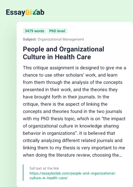 People and Organizational Culture in Health Care - Essay Preview