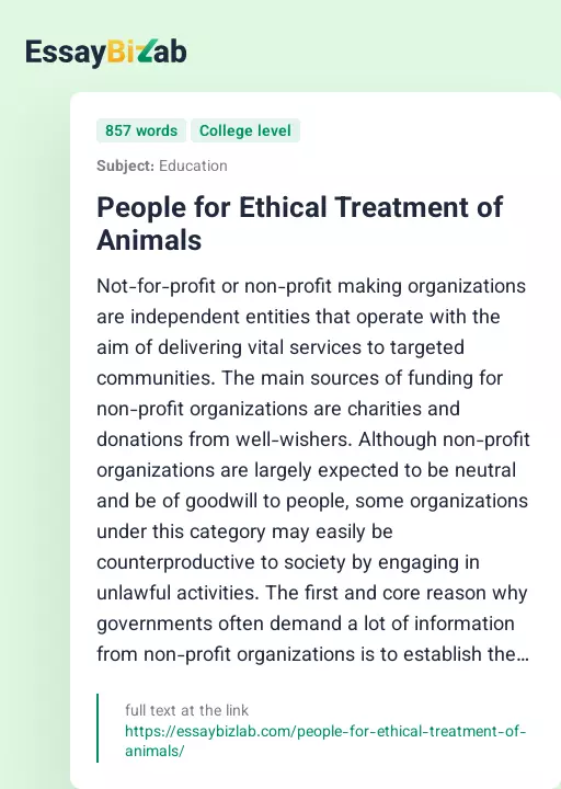 People for Ethical Treatment of Animals - Essay Preview