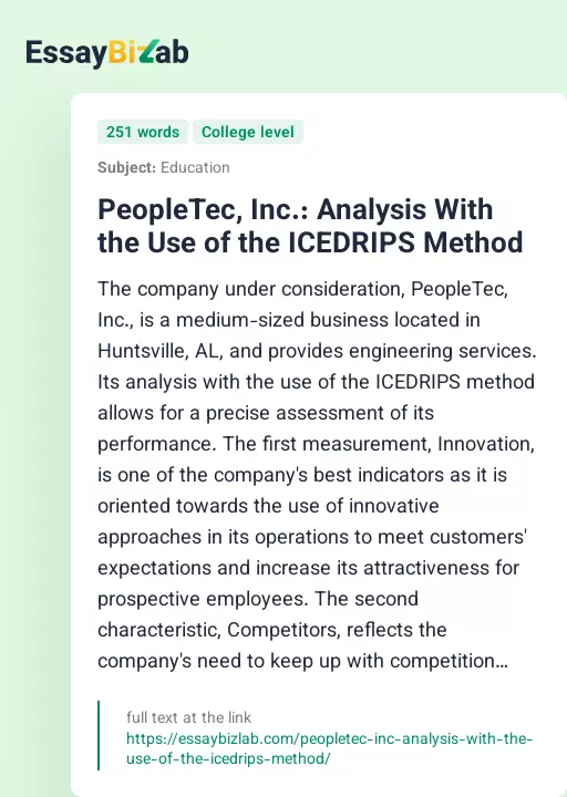 PeopleTec, Inc.: Analysis With the Use of the ICEDRIPS Method - Essay Preview