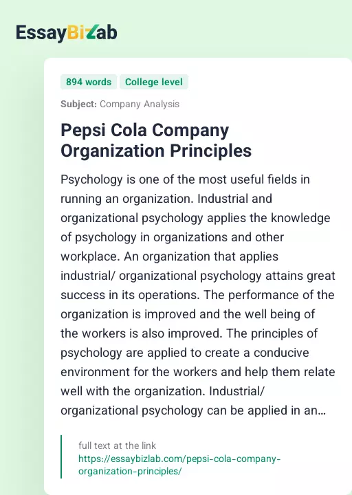Pepsi Cola Company Organization Principles - Essay Preview