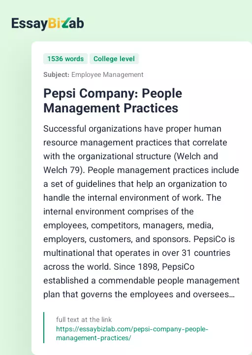 Pepsi Company: People Management Practices - Essay Preview