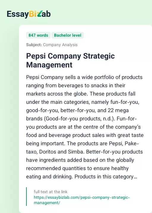 Pepsi Company Strategic Management - Essay Preview