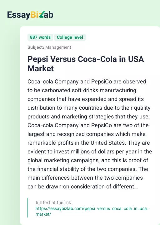 Pepsi Versus Coca-Cola in USA Market - Essay Preview