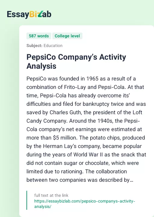 PepsiCo Company’s Activity Analysis - Essay Preview