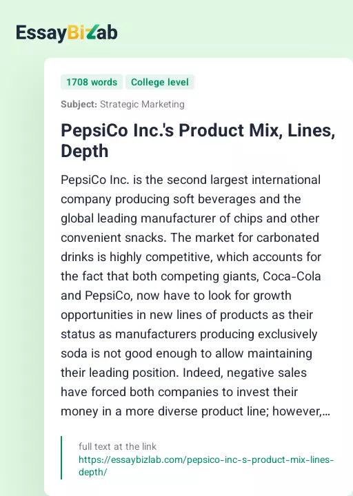 PepsiCo Inc.'s Product Mix, Lines, Depth - Essay Preview