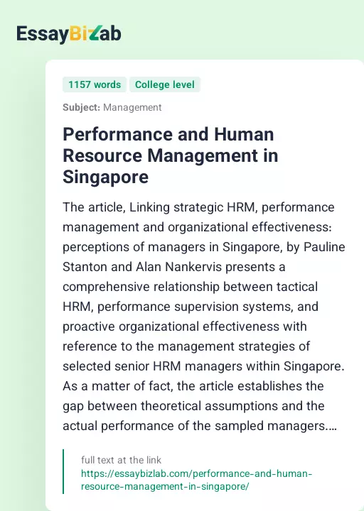 Performance and Human Resource Management in Singapore - Essay Preview