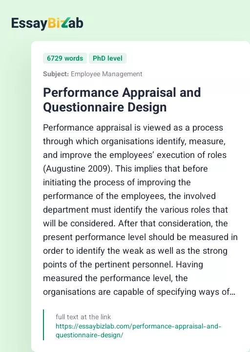 Performance Appraisal and Questionnaire Design - Essay Preview