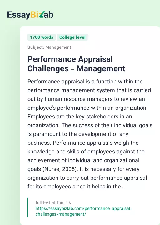 Performance Appraisal Challenges - Management - Essay Preview