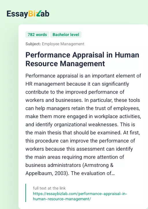 Performance Appraisal in Human Resource Management - Essay Preview