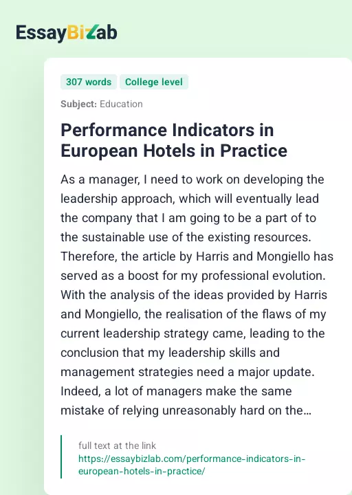 Performance Indicators in European Hotels in Practice - Essay Preview