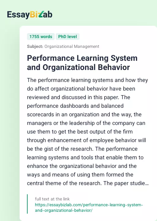 Performance Learning System and Organizational Behavior - Essay Preview