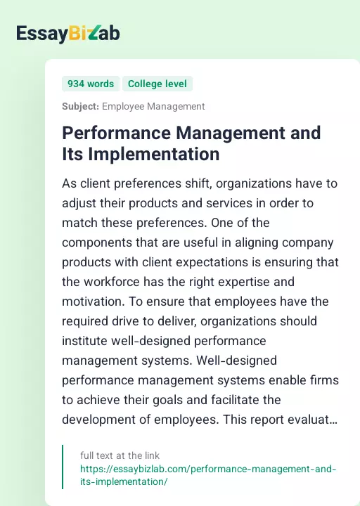 Performance Management and Its Implementation - Essay Preview