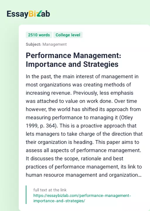 Performance Management: Importance and Strategies - Essay Preview