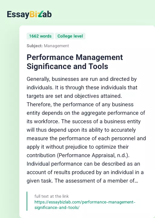 Performance Management Significance and Tools - Essay Preview