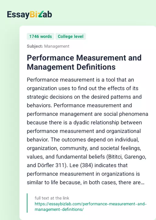 Performance Measurement and Management Definitions - Essay Preview