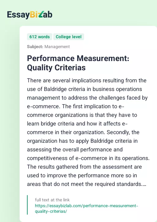 Performance Measurement: Quality Criterias - Essay Preview