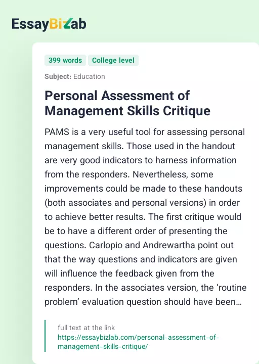 Personal Assessment of Management Skills Critique - Essay Preview