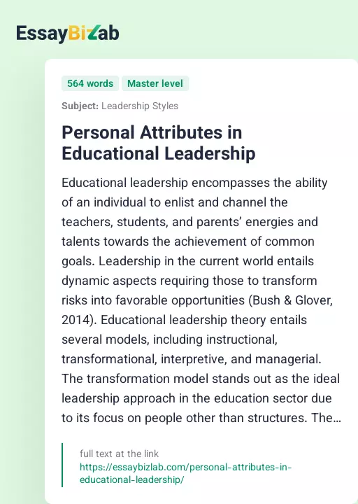 Personal Attributes in Educational Leadership - Essay Preview