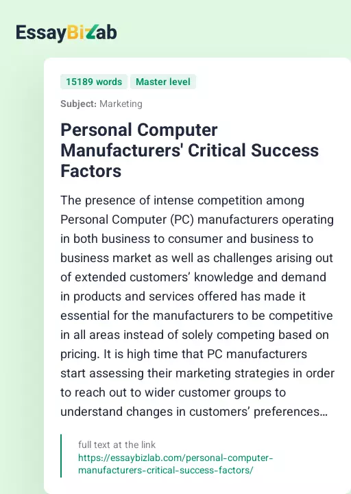 Personal Computer Manufacturers' Critical Success Factors - Essay Preview