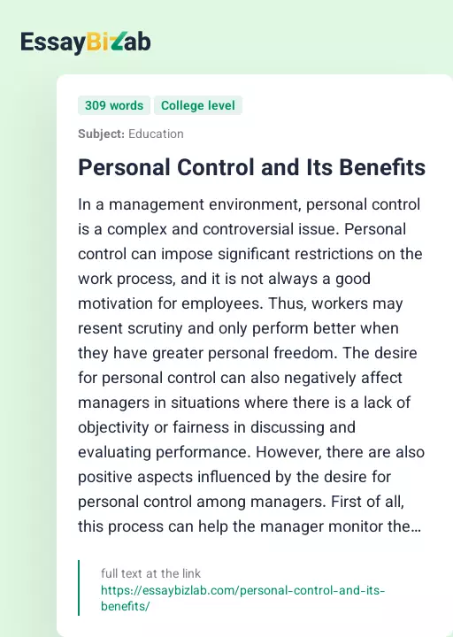 Personal Control and Its Benefits - Essay Preview