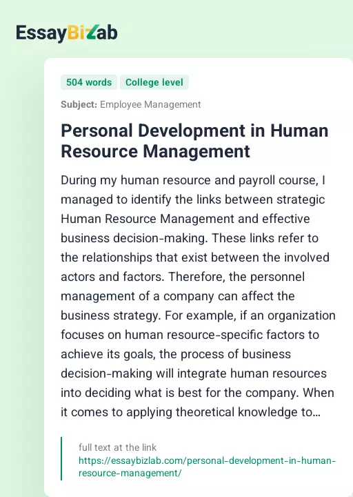 Personal Development in Human Resource Management - Essay Preview