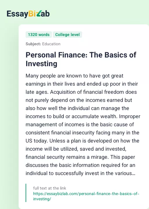 Personal Finance: The Basics of Investing - Essay Preview