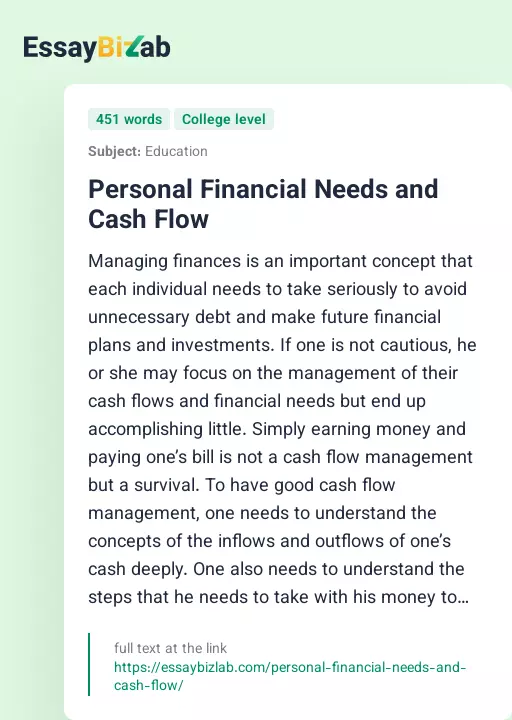 Personal Financial Needs and Cash Flow - Essay Preview