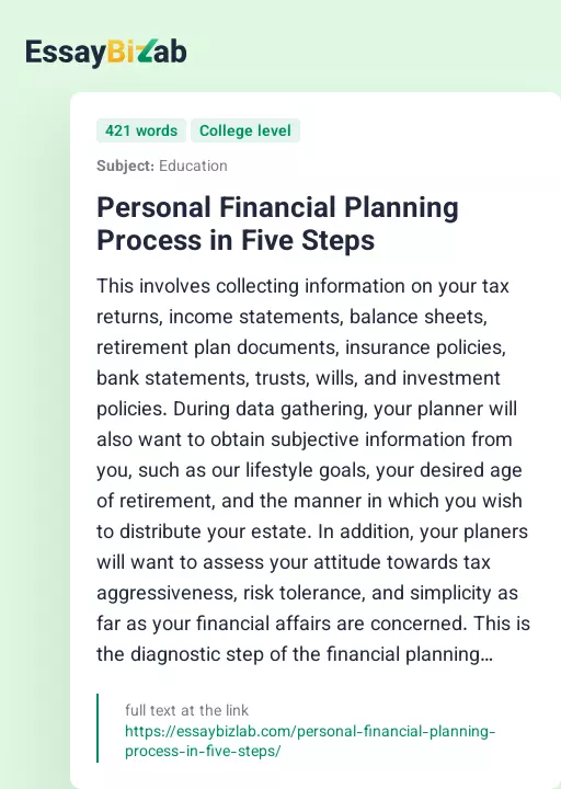 Personal Financial Planning Process in Five Steps - Essay Preview