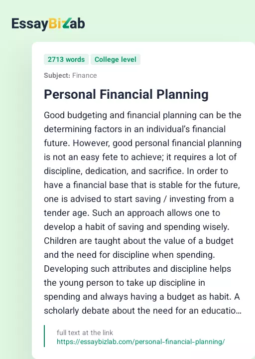 Personal Financial Planning - Essay Preview