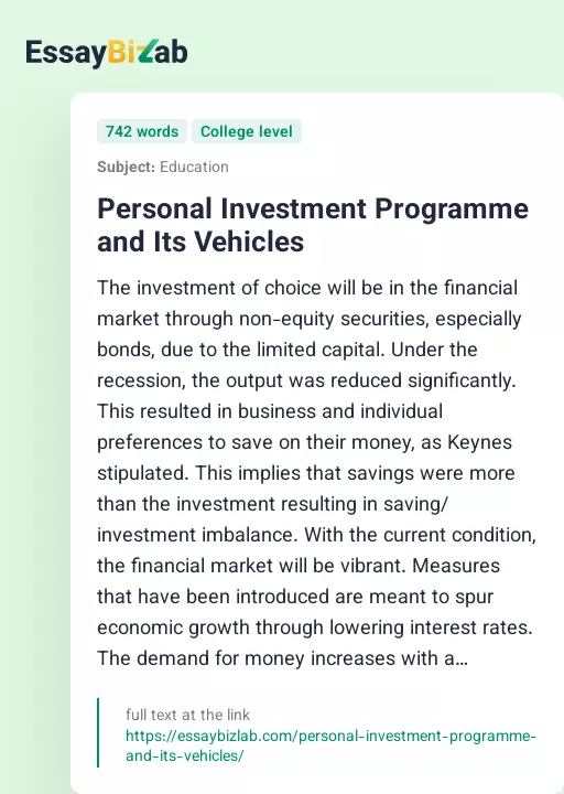 Personal Investment Programme and Its Vehicles - Essay Preview