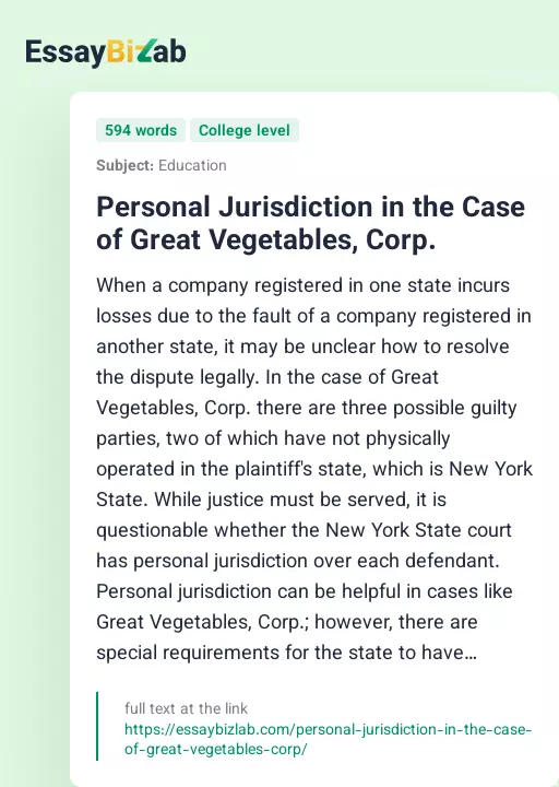 Personal Jurisdiction in the Case of Great Vegetables, Corp. - Essay Preview