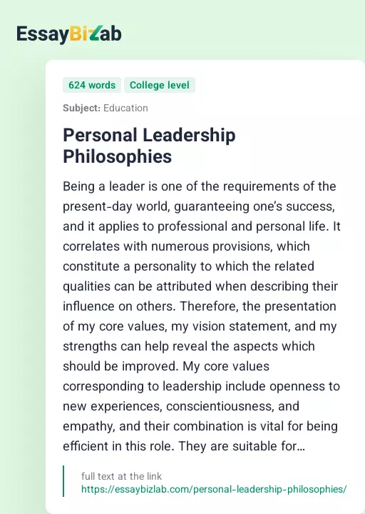 Personal Leadership Philosophies - Essay Preview