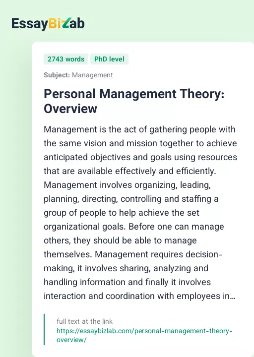 Personal Management Theory: Overview - Essay Preview