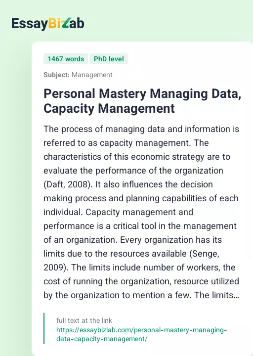 Personal Mastery Managing Data, Capacity Management - Essay Preview