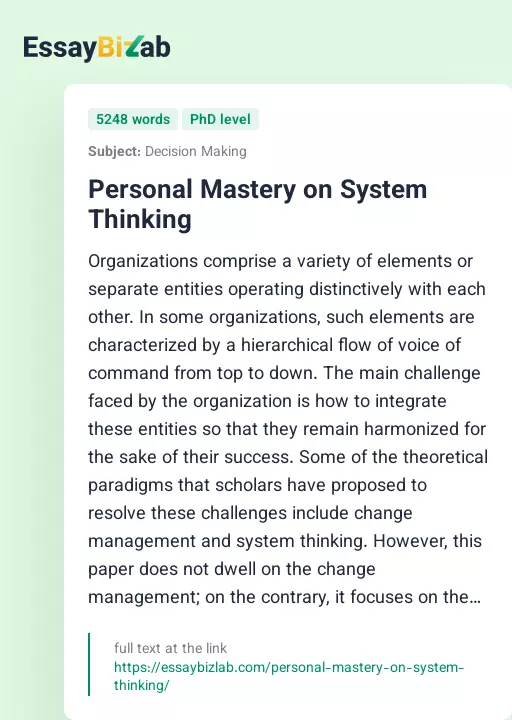 Personal Mastery on System Thinking - Essay Preview