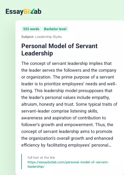 Personal Model of Servant Leadership - Essay Preview