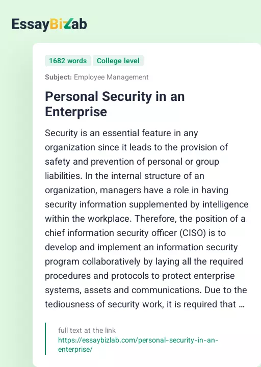 Personal Security in an Enterprise - Essay Preview
