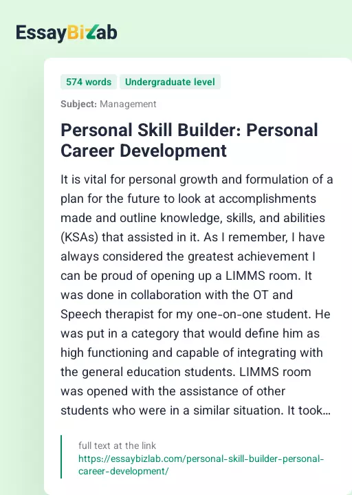 Personal Skill Builder: Personal Career Development - Essay Preview