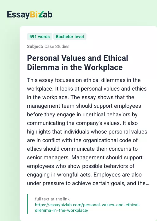 Personal Values and Ethical Dilemma in the Workplace - Essay Preview