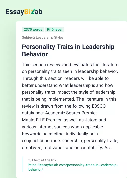 Personality Traits in Leadership Behavior - Essay Preview