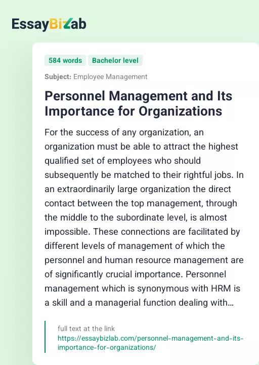 Personnel Management and Its Importance for Organizations - Essay Preview