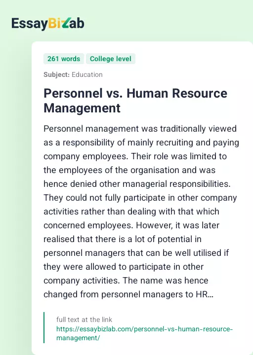 Personnel vs. Human Resource Management - Essay Preview