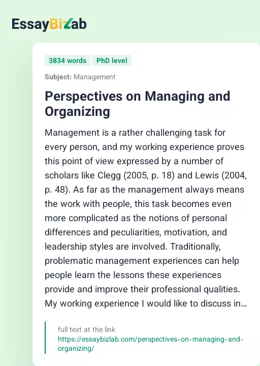 Perspectives on Managing and Organizing - Essay Preview