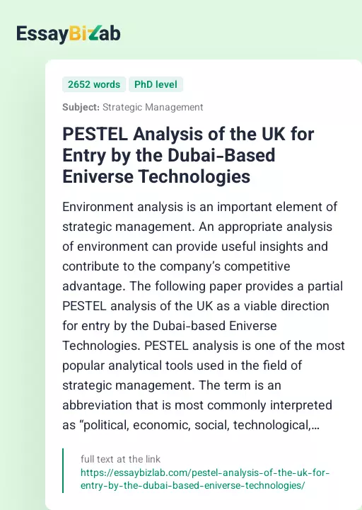 PESTEL Analysis of the UK for Entry by the Dubai-Based Eniverse Technologies - Essay Preview