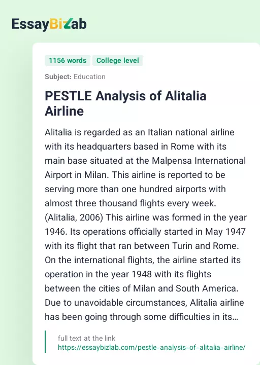 PESTLE Analysis of Alitalia Airline - Essay Preview