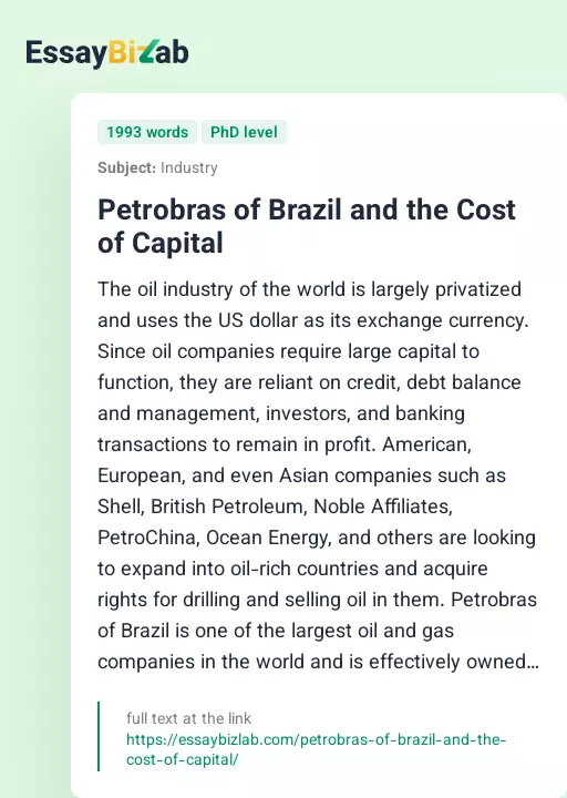 Petrobras of Brazil and the Cost of Capital - Essay Preview
