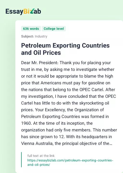 Petroleum Exporting Countries and Oil Prices - Essay Preview
