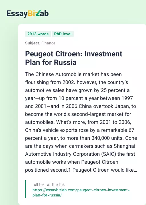 Peugeot Citroen: Investment Plan for Russia - Essay Preview