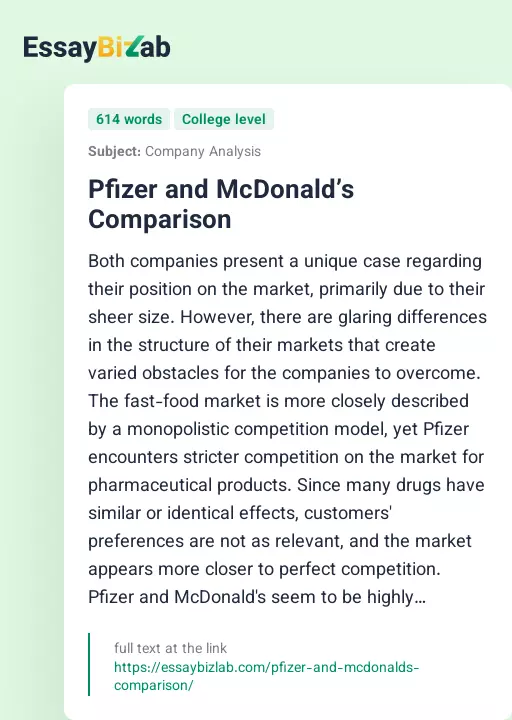 Pfizer and McDonald’s Comparison - Essay Preview